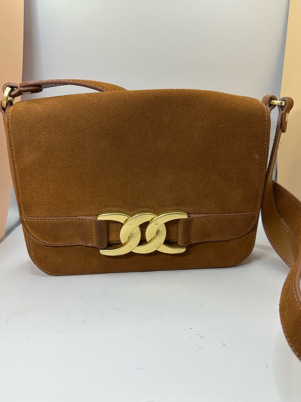 Boden Brown Suede Crossbody Bag with Gold Hardware